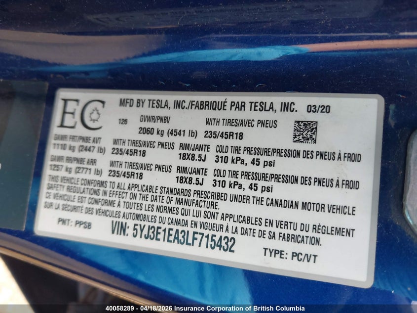 2020 Tesla Model 3 VIN: 5YJ3E1EA3LF715432 Lot: 40058289