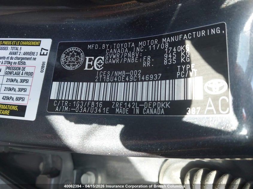 2009 Toyota Corolla S/Le/Xle VIN: 2T1BU40E49C146937 Lot: 40062394