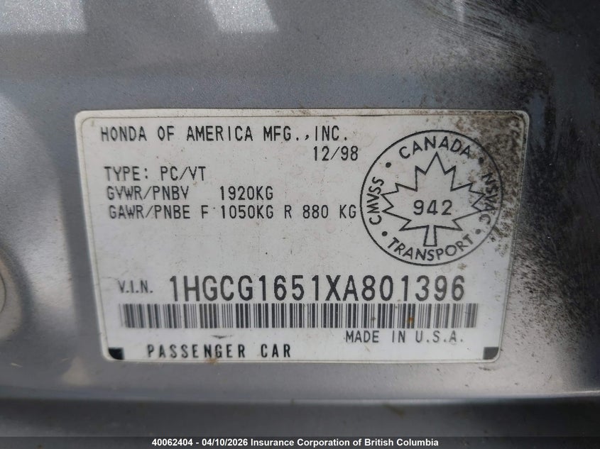 1999 Honda Accord Ex VIN: 1HGCG1651XA801396 Lot: 40062404