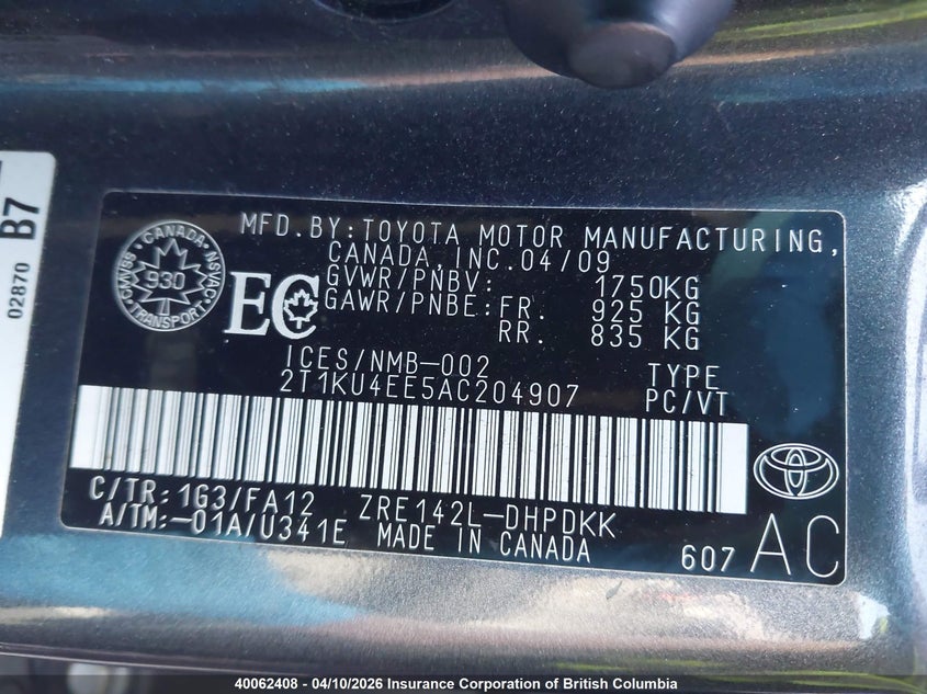 2010 Toyota Corolla Matrix VIN: 2T1KU4EE5AC204907 Lot: 40062408