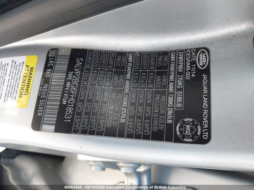 2015 Land Rover Range Rover Evoque Pure Plus VIN: SALVP2BG6FH018531 Lot: 40062444