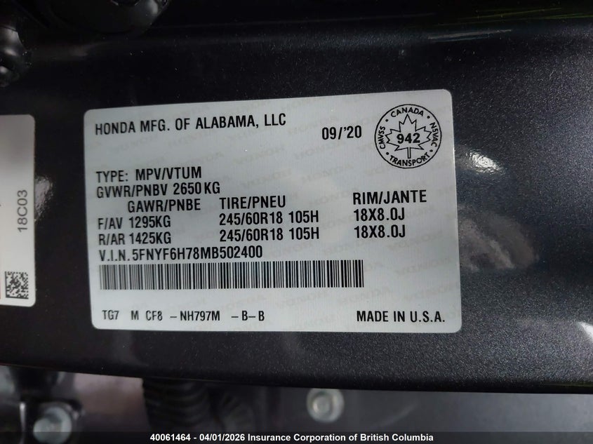 2021 Honda Pilot Black VIN: 5FNYF6H78MB502400 Lot: 40061464