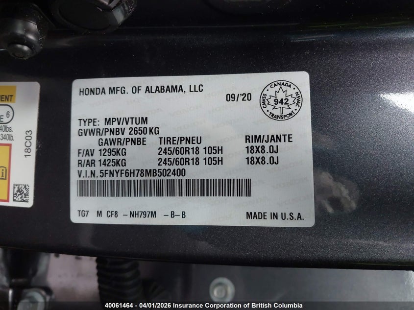 2021 Honda Pilot Black VIN: 5FNYF6H78MB502400 Lot: 40061464