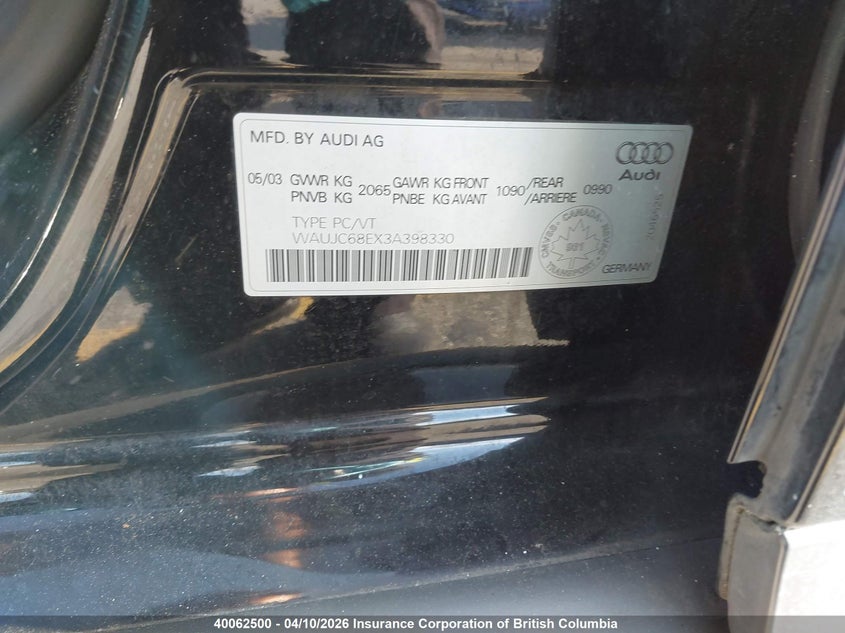2003 Audi A4 VIN: WAUJC68EX3A398330 Lot: 40062500