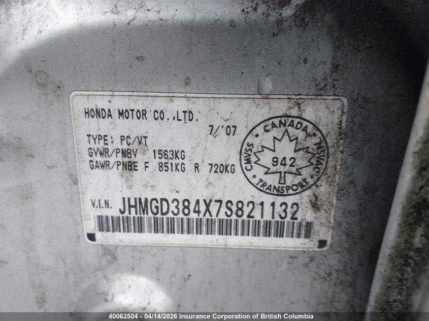 2007 Honda Fit VIN: JHMGD384X7S821132 Lot: 40062504