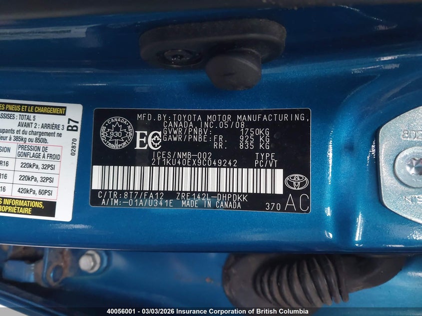 2009 Toyota Matrix VIN: 2T1KU40EX9C049242 Lot: 40056001