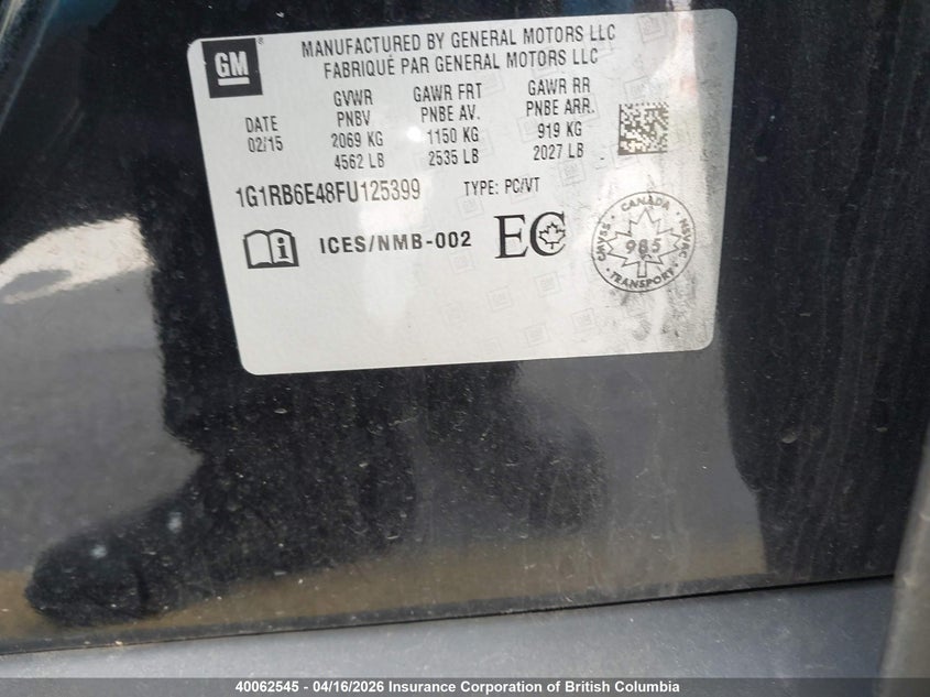 2015 Chevrolet Volt VIN: 1G1RB6E48FU125399 Lot: 40062545
