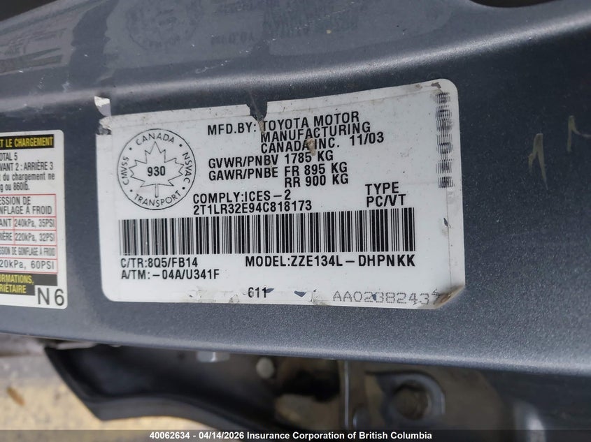 2004 Toyota Corolla Matrix Xr VIN: 2T1LR32E94C818173 Lot: 40062634