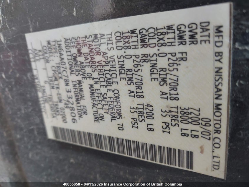 2008 Nissan Titan Xe/Se/Le/Pro-4X VIN: 1N6AA07C78N332806 Lot: 40055858