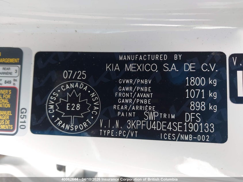 2025 Kia K4 Ex/Ex+ VIN: 3KPFU4DE4SE190133 Lot: 40062644