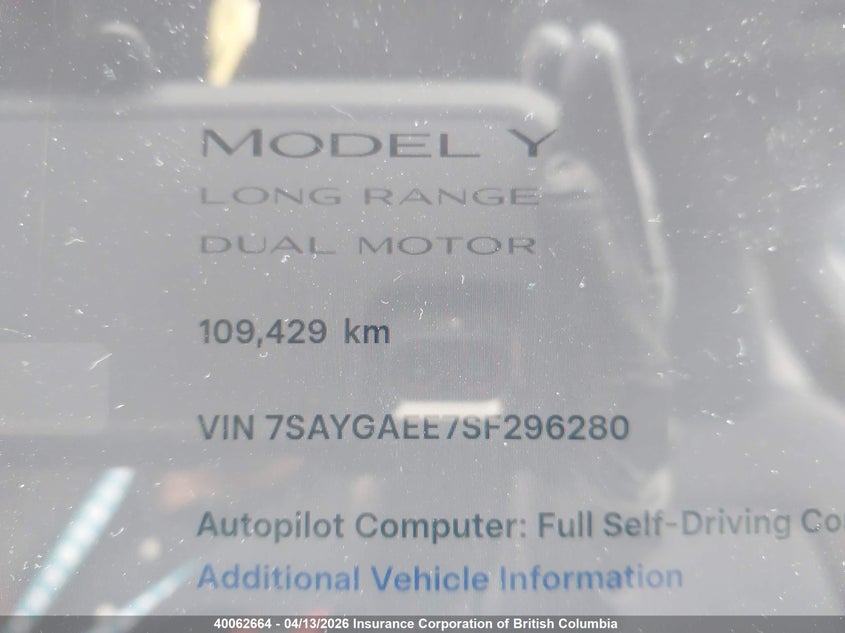 2025 Tesla Model Y VIN: 7SAYGAEE7SF296280 Lot: 40062664