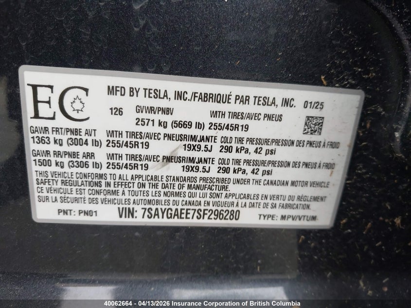 2025 Tesla Model Y VIN: 7SAYGAEE7SF296280 Lot: 40062664