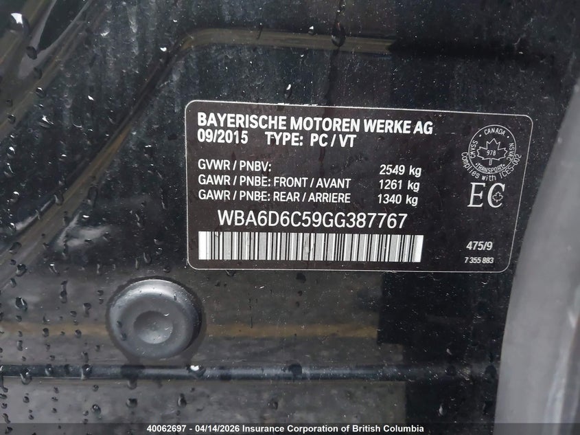 2016 BMW 650I VIN: WBA6D6C59GG387767 Lot: 40062697