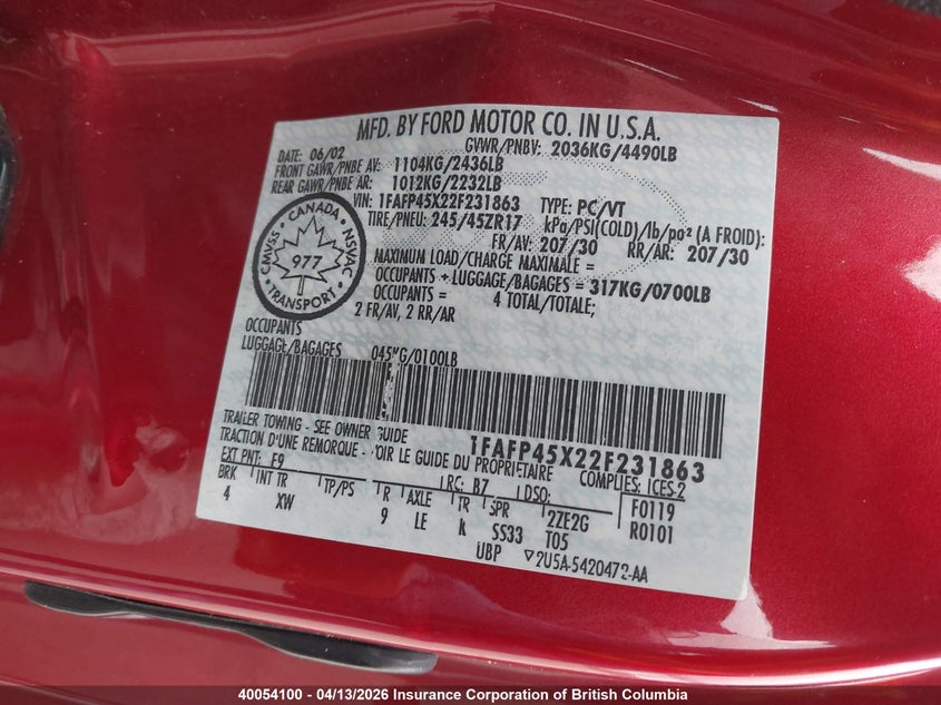 2002 Ford Mustang Gt VIN: 1FAFP45X22F231863 Lot: 40054100