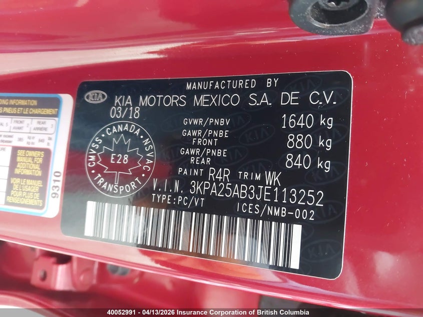 2018 Kia Rio Lx/S VIN: 3KPA25AB3JE113252 Lot: 40052991