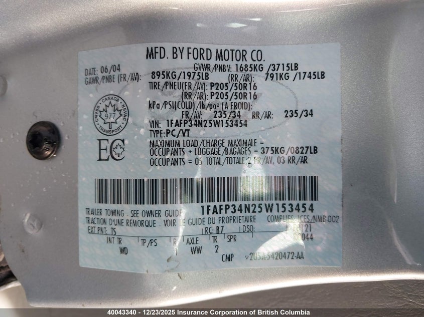 2005 Ford Focus Zx4 VIN: 1FAFP34N25W153454 Lot: 40043340