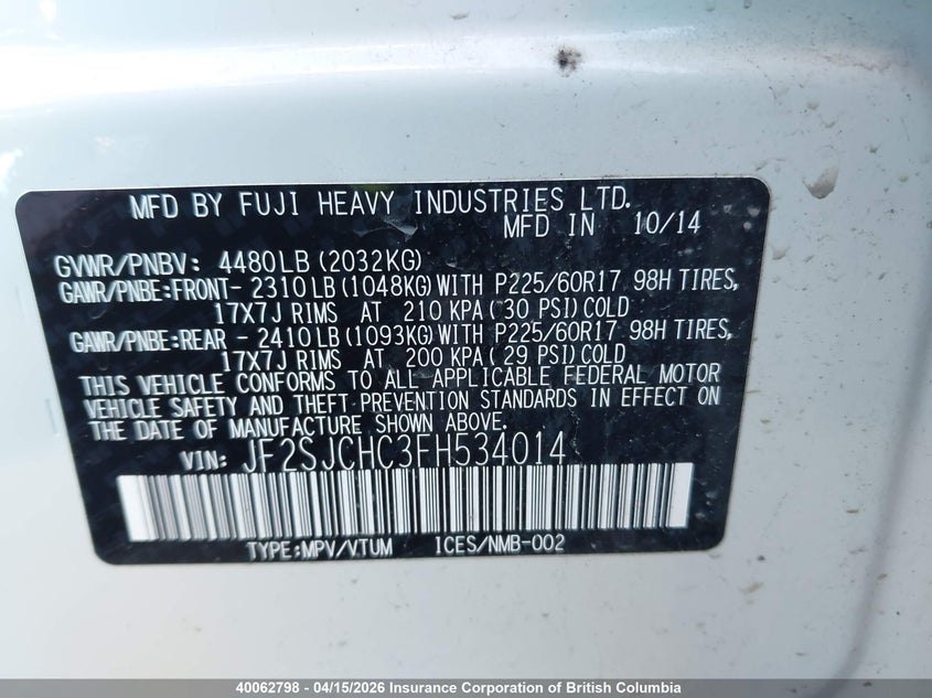 2015 Subaru Forester 2.5I Limited VIN: JF2SJCHC3FH534014 Lot: 40062798