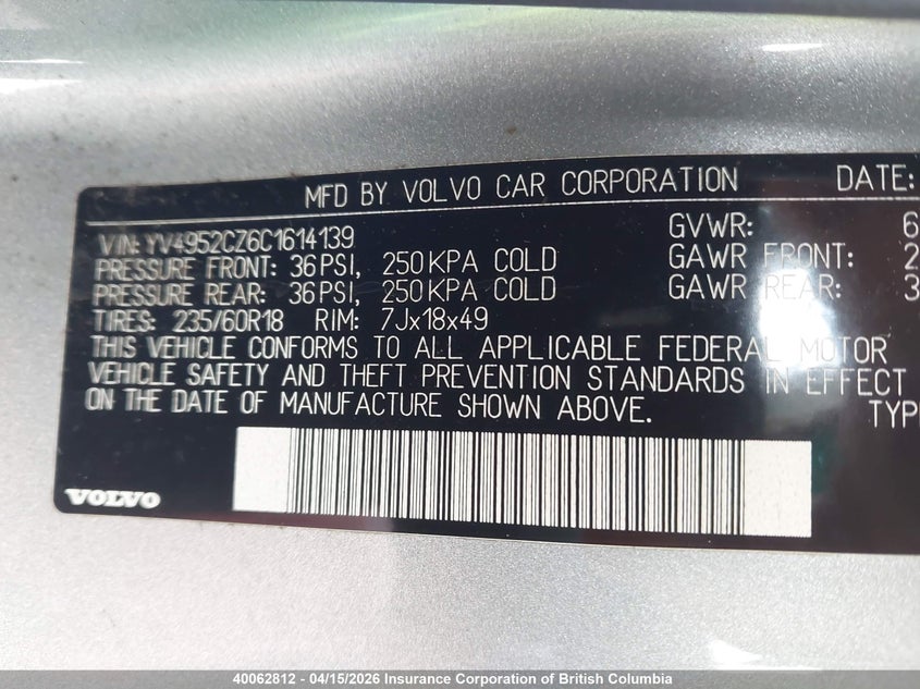 2012 Volvo Xc90 VIN: YV4952CZ6C1614139 Lot: 40062812