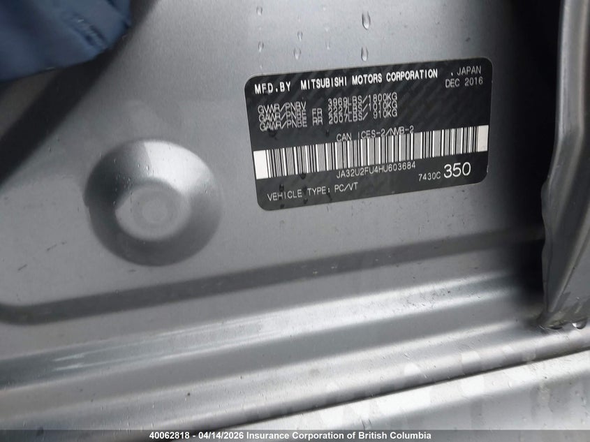 2017 Mitsubishi Lancer Es VIN: JA32U2FU4HU603684 Lot: 40062818