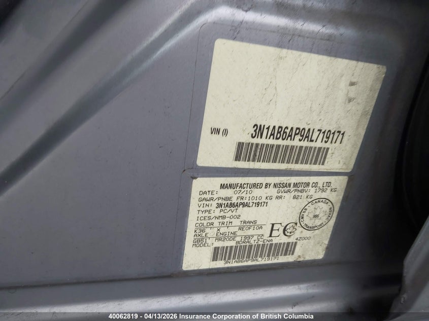 2010 Nissan Sentra 2.0/2.0S/Sr/2.0Sl VIN: 3N1AB6AP9AL719171 Lot: 40062819