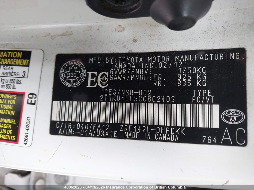 2012 Toyota Corolla Matrix VIN: 2T1KU4EE5CC802403 Lot: 40062823