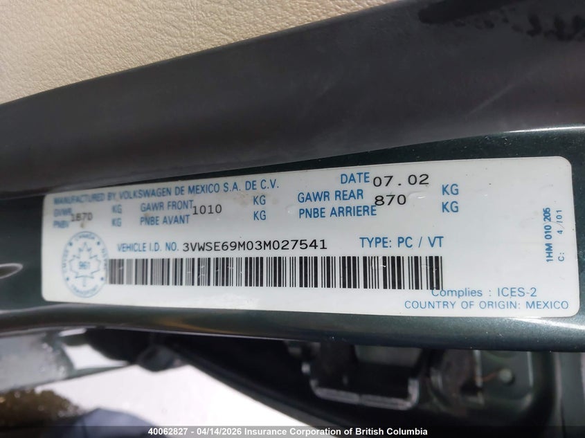 2003 Volkswagen Jetta VIN: 3VWSE69M03M027541 Lot: 40062827