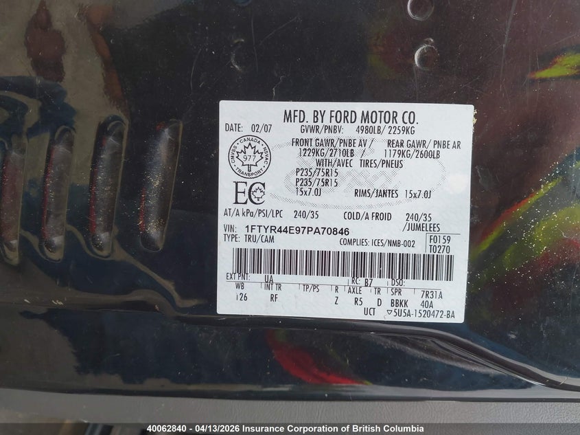 2007 Ford Ranger Sport/Stx/Xl/Xlt VIN: 1FTYR44E97PA70846 Lot: 40062840