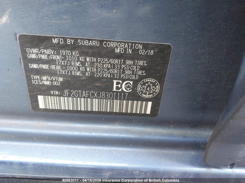 2018 Subaru Crosstrek Sport VIN: JF2GTAFCXJ8301117 Lot: 40063011