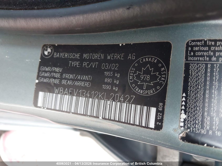 2002 BMW 320I VIN: WBAEV13412KL20427 Lot: 40063021