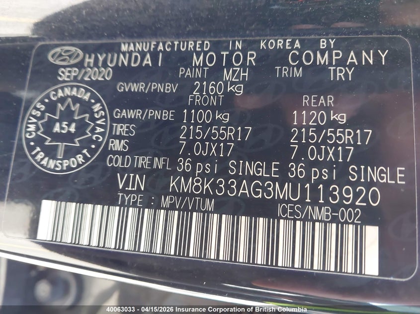 2021 Hyundai Kona VIN: KM8K33AG3MU113920 Lot: 40063033