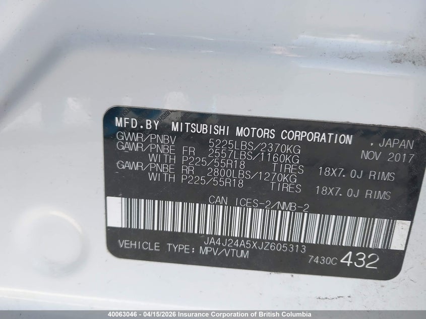 2018 Mitsubishi Outlander Se/Gt VIN: JA4J24A5XJZ605313 Lot: 40063046