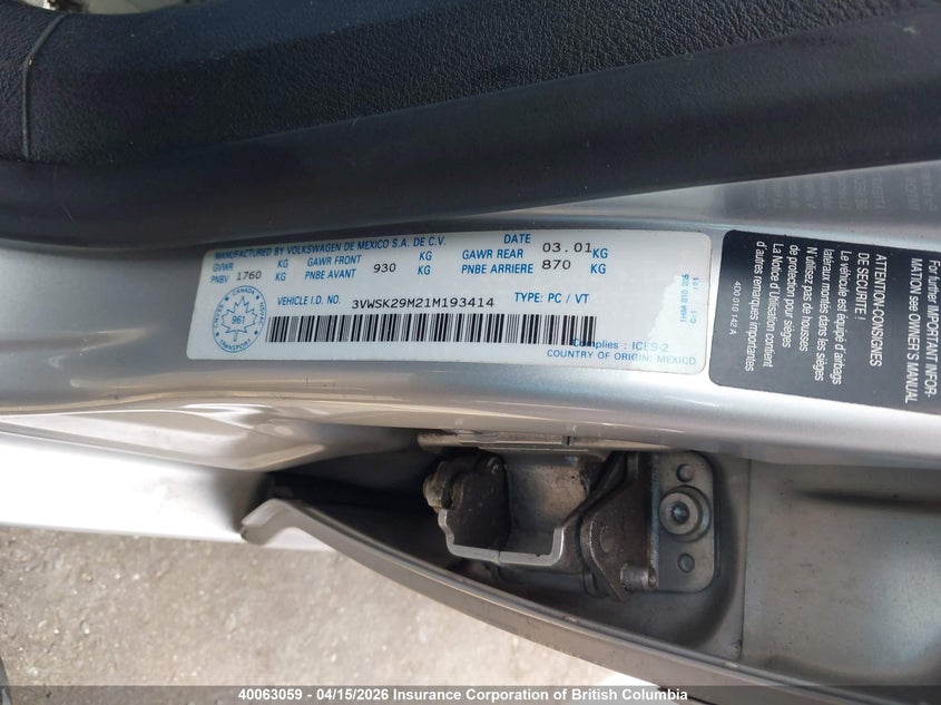 2001 Volkswagen Jetta VIN: 3VWSK29M21M193414 Lot: 40063059