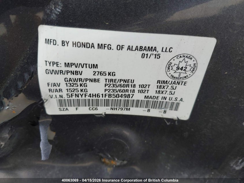 2015 Honda Pilot VIN: 5FNYF4H61FB504987 Lot: 40063069