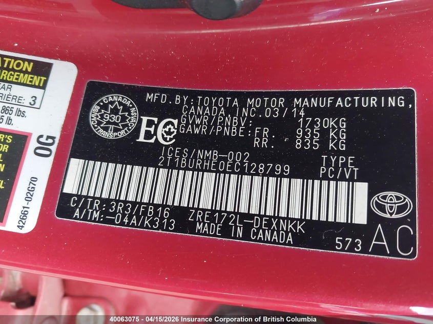 2014 Toyota Corolla L/Le/Le Pls/Prm/S/S Pls VIN: 2T1BURHE0EC128799 Lot: 40063075