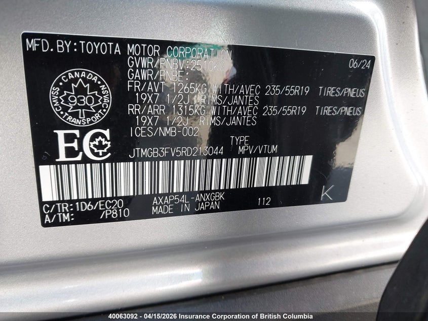 2024 Toyota Rav4 VIN: JTMGB3FV5RD213044 Lot: 40063092