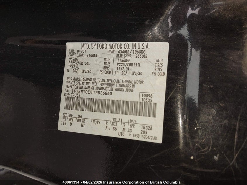 2001 Ford Ranger VIN: 1FTYR10D11PB36860 Lot: 40061394