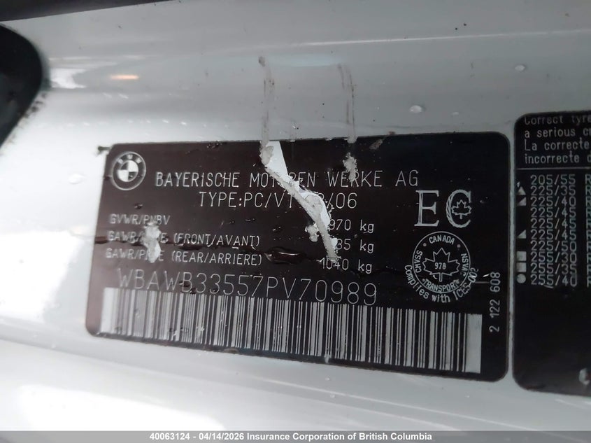 2007 BMW 328I VIN: WBAWB33557PV70989 Lot: 40063124