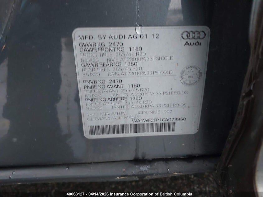 2012 Audi Q5 VIN: WA1WFCFP1CA079850 Lot: 40063127