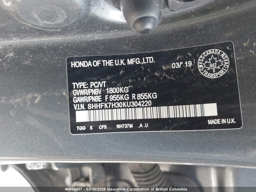 2019 Honda Civic Lx VIN: SHHFK7H30KU304220 Lot: 40060437