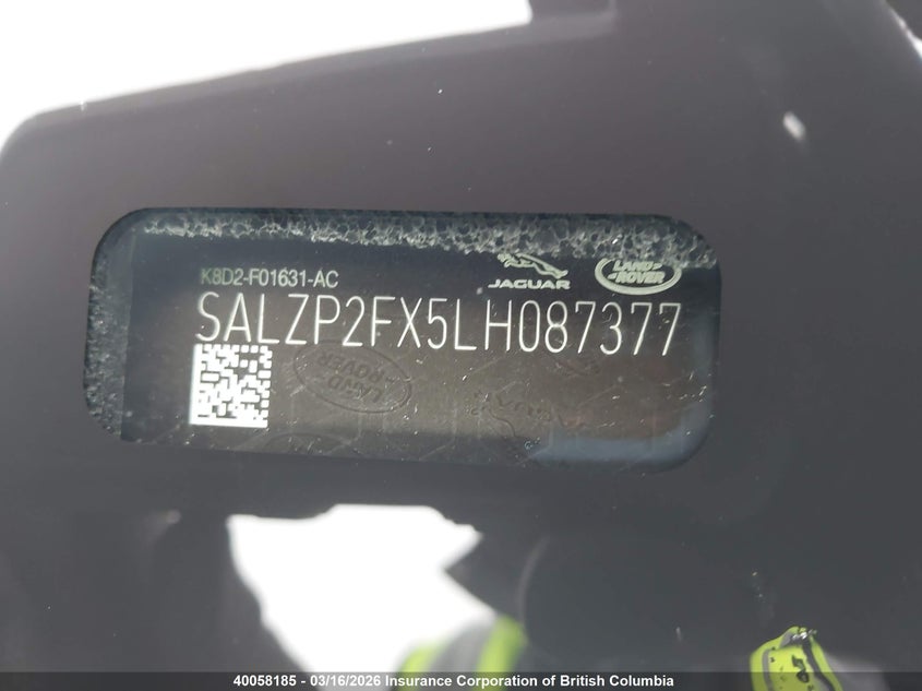 2020 Land Rover Range Rover Evoque Se VIN: SALZP2FX5LH087377 Lot: 40058185