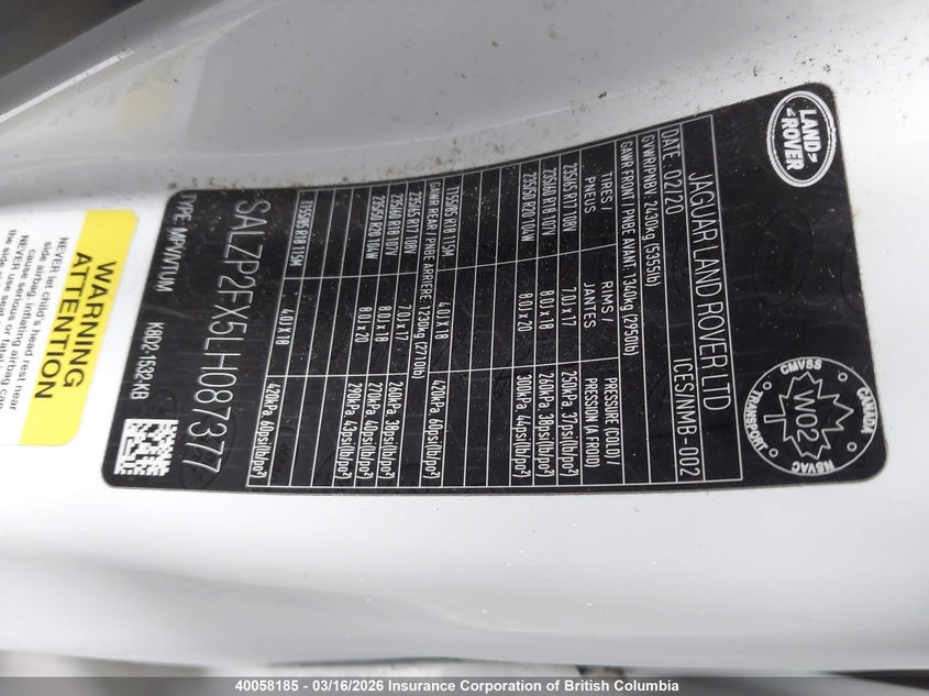 2020 Land Rover Range Rover Evoque Se VIN: SALZP2FX5LH087377 Lot: 40058185