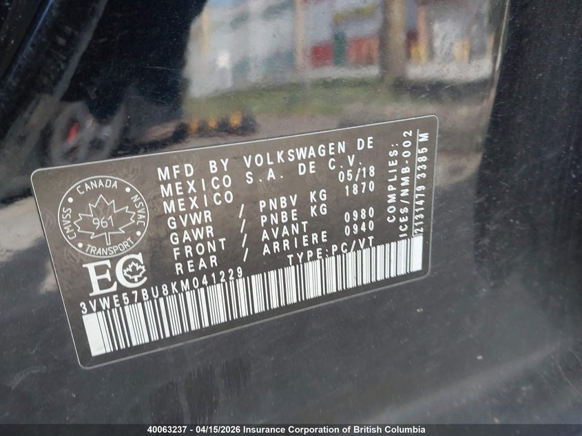 2019 Volkswagen Jetta VIN: 3VWE57BU8KM041229 Lot: 40063237