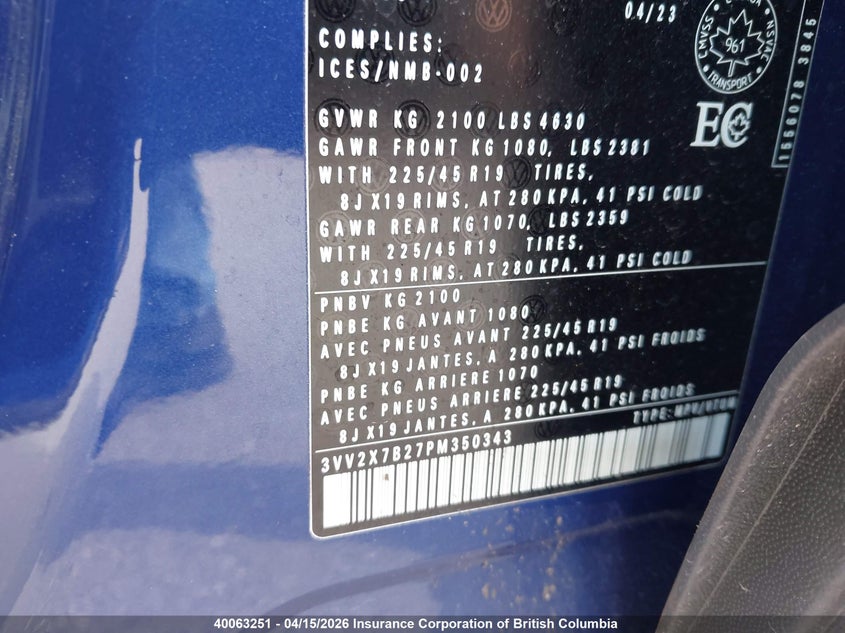 2023 Volkswagen Taos VIN: 3VV2X7B27PM350343 Lot: 40063251