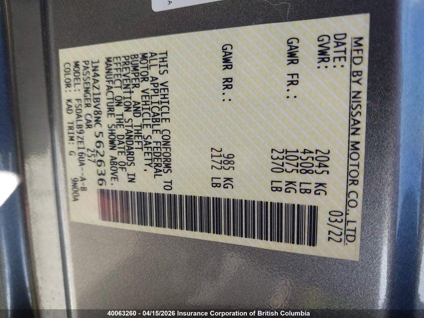 2022 Nissan Leaf VIN: 1N4AZ1BV8NC562636 Lot: 40063260