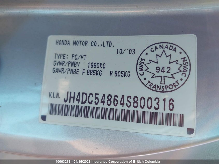 2004 Acura Rsx VIN: JH4DC54864S800316 Lot: 40063273