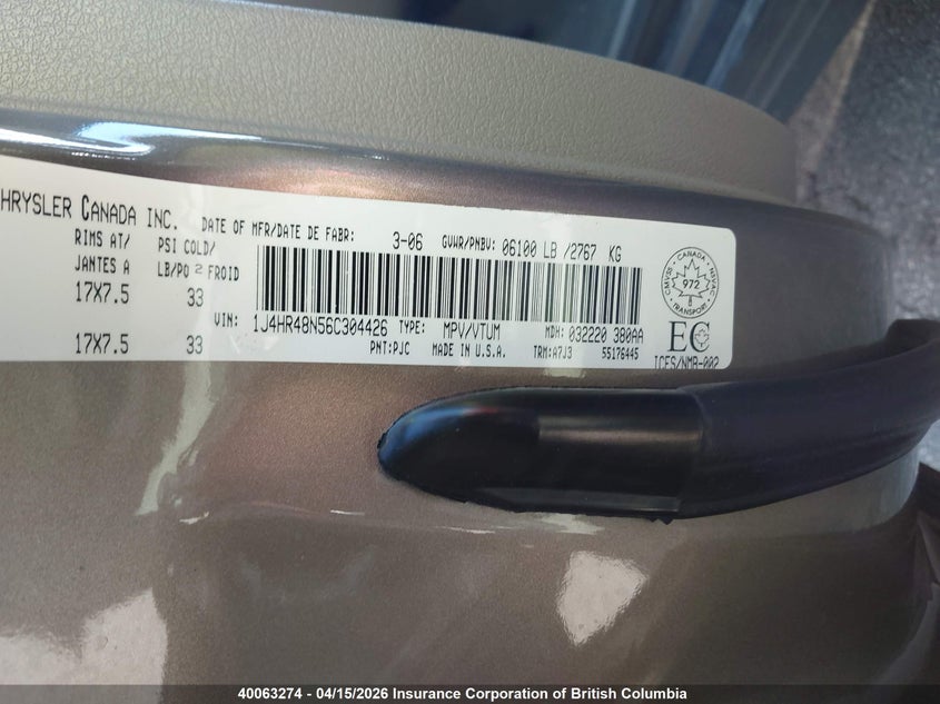 2006 Jeep Grand Cherokee Laredo/Columbia/Freedom VIN: 1J4HR48N56C304426 Lot: 40063274