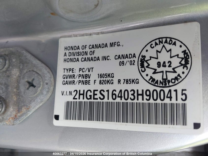 2003 Honda Civic VIN: 2HGES16403H900415 Lot: 40063277