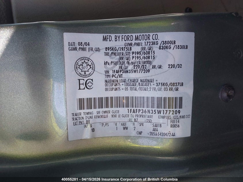 2005 Ford Focus Zxw VIN: 1FAFP36N35W177209 Lot: 40055281