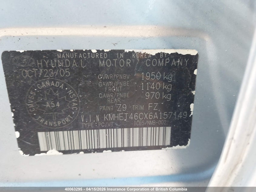 2006 Hyundai Sonata Gl VIN: KMHET46CX6A157149 Lot: 40063295