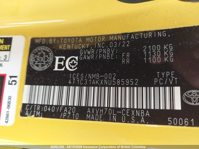 2022 Toyota Camry VIN: 4T1C31AKXNU585952 Lot: 40063306